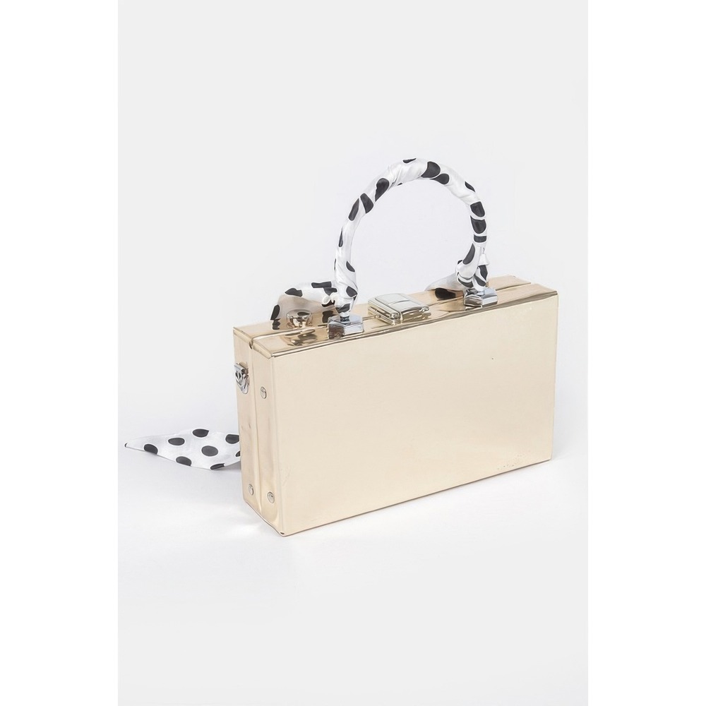 Gold Camera Novelty Box Clutch Crossbody Bag with Polka Dot Scarf Handle - Picture 3 of 5